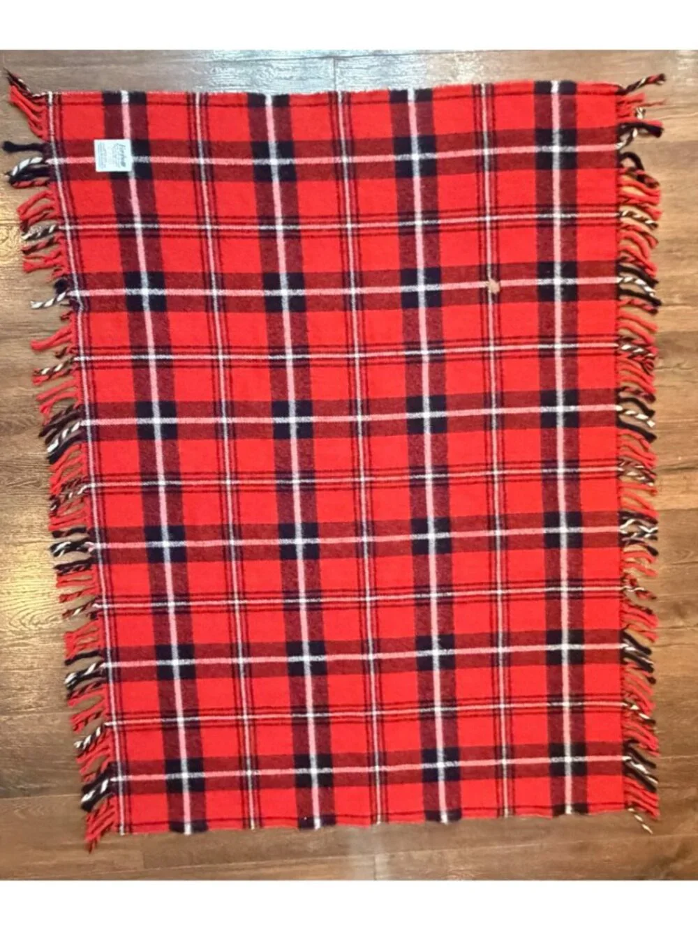 Vintage 1970s Faribo Red & Black Plaid Acrylic Throw Blanket With Fringe - Made